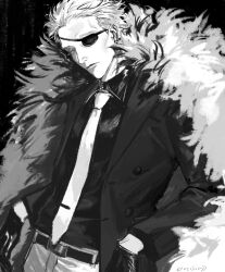 Rule 34 | 1boy, black gloves, black shirt, black suit, blonde hair, closed mouth, cowboy shot, donquixote doflamingo, earrings, eyepatch, feather coat, formal, gloves, hands on own hips, highres, jewelry, looking at viewer, male focus, monochrome, necktie, nisir0, one piece, shirt, short hair, suit, white necktie