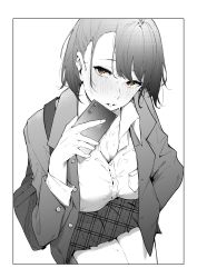 Rule 34 | 1girl, absurdres, bag, blush, border, breasts, brown eyes, cellphone, cleavage, collarbone, fingernails, greyscale, hand in pocket, hatching (texture), highres, holding, holding phone, kizukisai, looking at viewer, monochrome, original, parted lips, phone, plaid, plaid skirt, school bag, school uniform, short hair, simple background, sitting, skirt, solo, spot color, sweat, sweater, uniform, white background, white border, zipper