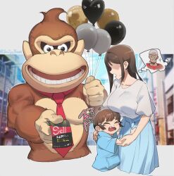 Rule 34 | 1girl, 2boys, balloon, breasts, donkey kong, donkey kong (series), holding, imagining, large breasts, long hair, mascot costume, mascot head, misunderstanding, mother and son, multiple boys, necktie, nintendo, open mouth, scared, shaded face, short hair, short sleeves, sin (sintrybest), skirt, smile, tears, teeth, thought bubble, upper teeth only