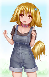 Rule 34 | 1girl, animal ears, breasts, brown eyes, cleavage, collar, collarbone, dog ears, dog tail, female focus, flower, gradient background, hair flower, hair ornament, highres, irudana, large breasts, light brown hair, looking at viewer, open mouth, original, overalls, paw pose, shirt, short sleeves, smile, solo, tail
