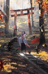 Rule 34 | 1girl, absurdres, asteroid ill, autumn leaves, forest, fox mask, highres, holding, holding weapon, japanese clothes, leaf, maple leaf, mask, nature, original, outdoors, scenery, stairs, tagme, torii, tree, weapon