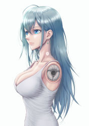 Rule 34 | 1girl, absurdres, blue eyes, blue hair, breasts, cross-section, damaged, earrings, female focus, highres, jewelry, mechanical parts, shibakarisena, shirt, simple background, solo, vivy, vivy: fluorite eye&#039;s song, white background, white shirt