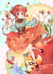 Rule 34 | 1girl, :o, absurdres, apple, bird, blush, brown eyes, bug, butterfly, collared shirt, corset, cup, double bun, drill hair, flower, food, food-themed clothes, food-themed hair ornament, fox, frilled shirt collar, frills, fruit, hacosumi, hair bun, hair ornament, high heels, highres, holding, holding wand, insect, jewelry, leaf hair ornament, long sleeves, necklace, open mouth, original, red hair, ribbon, shirt, skirt, skirt hold, solo, standing, standing on one leg, suspender skirt, suspenders, teacup, underbust, wand