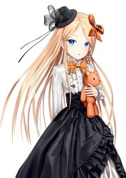 Rule 34 | 1girl, abigail williams (fate), absurdres, black hat, black skirt, blonde hair, blue eyes, blush, bow, center frills, commentary request, fate/grand order, fate (series), forehead, frilled skirt, frills, gothic lolita, hair bow, hand up, hat, head tilt, highres, hugging object, lolita fashion, long hair, long sleeves, looking at viewer, mini hat, orange bow, parted lips, sanpeita, shirt, simple background, skirt, solo, stuffed animal, stuffed toy, teddy bear, tilted headwear, very long hair, white background, white shirt