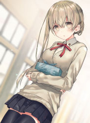Rule 34 | 1girl, asymmetrical hair, black skirt, black thighhighs, blurry, blurry background, blush, breasts, brown eyes, brown hair, brown sweater, character request, collared shirt, commentary request, depth of field, dress shirt, hair between eyes, hair ornament, hairclip, kazutake hazano, long hair, looking at viewer, medium breasts, neck ribbon, parted lips, pleated skirt, red ribbon, ribbon, shiro seijo to kuro bokushi, shirt, skirt, solo, striped ribbon, sweater, thighhighs, very long hair, white shirt, wrapped bento