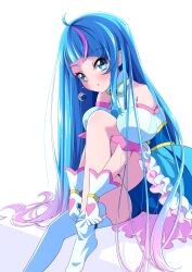 Rule 34 | 1girl, absurdres, ahoge, bare shoulders, blue dress, blue eyes, blue hair, blue shorts, commentary request, cure sky, detached sleeves, dress, dressing, earrings, eyelashes, gloves, gradient hair, hair down, highres, hirogaru sky! precure, jewelry, long hair, looking at viewer, magical girl, multicolored hair, pink hair, precure, puffy short sleeves, puffy sleeves, s-operator, short sleeves, shorts, shorts under dress, simple background, sitting, solo, sora harewataru, streaked hair, thighhighs, thighs, two-tone hair, very long hair, white background, white gloves, white thighhighs