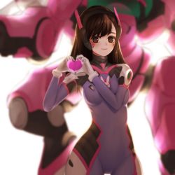 Rule 34 | 1girl, bad id, bad pixiv id, blurry, blush, bodysuit, breasts, breasts squeezed together, brown eyes, brown hair, cowboy shot, d.va (overwatch), depth of field, facepaint, facial mark, female focus, gloves, headphones, heart, heart hands, highres, kkkk (laa2973), light smile, long hair, looking at viewer, mecha, medium breasts, meka (overwatch), overwatch, overwatch 1, parted lips, pilot suit, robot, simple background, solo, swept bangs, whisker markings, white background, white gloves