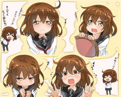 Rule 34 | &gt; &lt;, 10s, 1girl, :d, > <, black legwear, blush, brown hair, chibi, commentary request, crying, crying with eyes open, closed eyes, fang, hair ornament, hairclip, ikazuchi (kancolle), kantai collection, looking at viewer, multiple views, neckerchief, open mouth, red neckerchief, school uniform, serafuku, serakoutarou, short hair, smile, tears, translation request, tray, xd