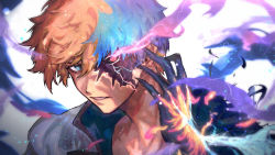 Rule 34 | 1boy, aura, blue eyes, claws, collarbone, dragon install, embers, glowing, glowing eyes, guilty gear, guilty gear strive, heterochromia, highres, jacket, jacket on shoulders, ky kiske, lightning, looking at viewer, male focus, multicolored hair, nijimaarc, open mouth, parted lips, shaded face, simple background, solo, split-color hair, upper body, veins, white background, white jacket