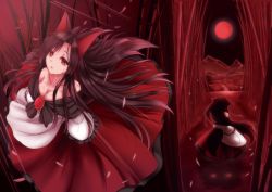 Rule 34 | 1girl, animal ears, aosaki kanade, bamboo, bamboo forest, bare shoulders, breasts, brooch, brown hair, cleavage, collarbone, dress, forest, imaizumi kagerou, jewelry, long hair, moon, multiple views, nature, red eyes, red moon, red theme, tail, tears, touhou, very long hair, wolf ears, wolf tail