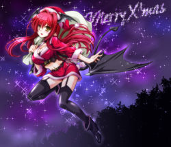Rule 34 | 1girl, alternate costume, black thighhighs, blush, boots, breasts, choker, cleavage, garter straps, hat, head wings, high heel boots, high heels, koakuma, large breasts, long hair, looking at viewer, midriff, navel, pointy ears, red hair, revision, sack, santa costume, santa hat, sketch, smile, solo, thighhighs, touhou, wings, yamu (reverse noise), yellow eyes