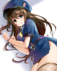 Rule 34 | 1girl, blush, breasts, brown hair, chestnut mouth, cuffs, fishnet thighhighs, fishnets, green eyes, handcuffs, hat, kanzume shima, long hair, looking at viewer, medium breasts, miniskirt, no panties, one side up, police, police hat, police uniform, policewoman, skirt, solo, tamasaka makoto, thighhighs, tokyo 7th sisters, uniform
