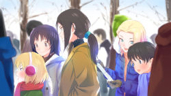 Rule 34 | 5girls, alina (girls und panzer), alternate hairstyle, black hair, blonde hair, blue coat, blue eyes, blue scarf, blue scrunchie, blurry, blurry background, blurry foreground, blush, brown coat, brown eyes, brown gloves, brown hair, casual, clara (girls und panzer), closed mouth, coat, commentary, day, depth of field, earmuffs, from side, frown, girls und panzer, gloves, green coat, grey coat, hair ornament, hair scrunchie, hair up, hatsumoude, highres, holding, katyusha (girls und panzer), long hair, looking at another, multiple girls, new year, nina (girls und panzer), nonna (girls und panzer), open clothes, open coat, open mouth, outdoors, oze (xyz go go11), ponytail, red scarf, scarf, scrunchie, short hair, smile, standing, tree, winter clothes
