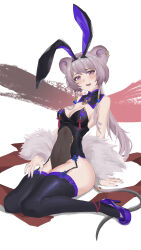 Rule 34 | 1girl, absurdres, alternate costume, animal ears, arknights, bare shoulders, black hairband, black thighhighs, blush, breasts, cleavage, cola-alter, covered navel, detached collar, fake animal ears, garter straps, grey hair, hairband, high heels, highres, leotard, lin (arknights), long hair, looking at viewer, medium breasts, mouse ears, mouse girl, mouse tail, nail polish, open mouth, pink eyes, playboy bunny, ponytail, purple footwear, purple nails, rabbit ears, sidelocks, sitting, solo, strapless, strapless leotard, tail, thighhighs, wariza