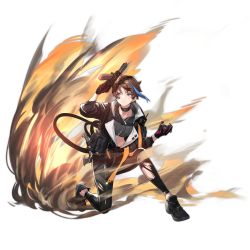 Rule 34 | 1girl, axe, belt pouch, blue eyes, brown hair, explosion, explosive, facial mark, fire, girls&#039; frontline, gloves, grenade, gun, holding, holding grenade, holding gun, holding weapon, jacket, light frown, multicolored hair, official art, on one knee, open clothes, open jacket, pants, pouch, shoes, streaked hair, tec-9, tec-9 (girls&#039; frontline), tec-9 (wiretap mystery) (girls&#039; frontline), torn clothes, torn pants, transparent background, weapon, xu (245506772)