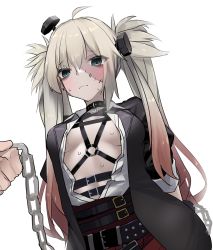 Rule 34 | 1girl, 1other, absurdres, ahoge, aqua eyes, arms behind back, bdsm, belt, black jacket, blush, bolt (hardware), bondage, bound, breasts, chain, chain leash, chained wrists, choker, cleavage, collar, commentary request, eyes visible through hair, girls&#039; frontline, grey hair, hair between eyes, harness, highres, holding, holding chain, jacket, leash, long hair, looking at viewer, lwmmg (girls&#039; frontline), lwmmg (patchworker&#039;s soliloquy) (girls&#039; frontline), multicolored hair, multiple belts, nervous, no bra, official alternate costume, open clothes, open jacket, open shirt, patchwork skin, pink hair, shirt, slave, small breasts, stitched face, stitches, sweat, twintails, upper body, viewer holding leash, white shirt, yanagui