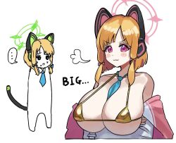 Rule 34 | ..., 2girls, alternate breast size, animal ear headphones, animal ears, bikini, blonde hair, blue archive, blue necktie, blush, bow, breasts, closed mouth, fake animal ears, gold bikini, green eyes, hair bow, halo, headphones, jacket, large breasts, long sleeves, midori (blue archive), momoi (blue archive), multiple girls, necktie, open clothes, open jacket, pink halo, red bow, red eyes, short hair, siblings, simple background, sisters, smile, spoken ellipsis, suzume b, swimsuit, twins, white background, white jacket