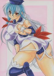 Rule 34 | 1girl, ass, back, blue hair, boots, breasts, brown eyes, cameltoe, dress, female focus, hat, kamishirasawa keine, large breasts, leotard, long hair, ribbon, short dress, smile, solo, thighhighs, touhou, traditional media, white thighhighs, wrestling outfit, yutakasan-love