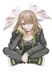 Rule 34 | 1girl, absurdres, black bodysuit, black choker, black jacket, blue eyes, bodysuit, breast tattoo, breasts, brown hair, choker, cleavage, eunie (xenoblade), head wings, highres, hood, jacket, large breasts, long hair, looking at viewer, one eye closed, open clothes, open jacket, p9 nai, smile, solo, tattoo, white wings, wings, xenoblade chronicles (series), xenoblade chronicles 3