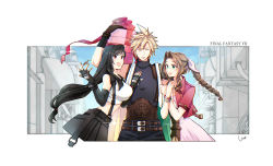 Rule 34 | 1boy, 2girls, aerith gainsborough, annoyed, arm hug, bag, black hair, black skirt, blonde hair, bow, braid, braided ponytail, brown hair, cloud strife, copyright name, crop top, cropped jacket, dress, final fantasy, final fantasy vii, final fantasy vii remake, fingerless gloves, girl sandwich, gloves, hair bow, hand on another&#039;s chest, highres, jacket, long hair, low-tied long hair, multiple girls, pack chocobo, pink dress, red jacket, sandwiched, shopping bag, sin 3794, skirt, sleeveless, sleeveless turtleneck, smile, spiked hair, suspenders, tank top, tifa lockhart, turtleneck, white tank top