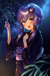 1girl alternate_costume black_kimono blush fingernails hair_ornament highres japanese_clothes kimono long_sleeves looking_at_viewer nail_polish obi open_mouth purple_eyes purple_hair purple_nails sash short_hair_with_long_locks smile solo tanabata tenneko_yuuri voiceroid wide_sleeves yuzuki_yukari