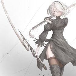 Rule 34 | 1girl, 2b (nier:automata), absurdres, black dress, blue eyes, boots, dress, feather trim, hairband, highres, holding, holding sword, holding weapon, juliet sleeves, long sleeves, looking at viewer, nier:automata, nier (series), no blindfold, puffy sleeves, short hair, side slit, solo, sword, thigh boots, thighhighs, tqg 07, virtuous contract, virtuous treaty, weapon, white hair