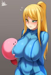 Rule 34 | 1girl, 1other, biting, blonde hair, blue bodysuit, blush, bodysuit, breast biting, breast sucking, breast sucking through clothes, breasts, covered collarbone, covered navel, drooling, green eyes, grey background, highres, impossible bodysuit, impossible clothes, jmg, kirby, kirby (series), large breasts, long hair, metroid, mole, mole on breast, mole under eye, nintendo, ponytail, saliva, samus aran, shiny clothes, shiny skin, sidelocks, skin tight, super smash bros., sweatdrop, zero suit