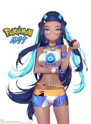 Rule 34 | 1girl, absurdres, armlet, bare shoulders, bikini, blue eyes, breasts, copyright name, creatures (company), dark-skinned female, dark skin, dlgksk6965, earrings, game freak, gluteal fold, gym leader, highres, holding, hoop earrings, jewelry, long hair, looking at viewer, multicolored hair, navel, nessa (pokemon), nintendo, pokemon, pokemon swsh, shorts, signature, simple background, smile, solo, standing, stomach, swimsuit, tankini, two-tone hair, white background, wristband
