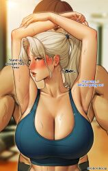 Rule 34 | 1boy, 1girl, absurdres, armpits, arms up, bare shoulders, blonde hair, blue eyes, blue sports bra, blurry, blurry background, blush, breasts, brown hair, ceo and bodyguard, cleavage, english text, high ponytail, highres, indoors, kang hansung, large breasts, lee yena, midriff, muscular, muscular male, original, roborobocap, sidelocks, solo focus, sports bra, standing, sweat