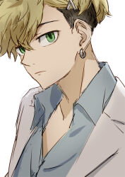 Rule 34 | 1boy, blonde hair, blue shirt, closed mouth, collared shirt, commentary request, earrings, green eyes, hair ornament, hairpin, hoop earrings, jewelry, looking at viewer, male focus, matsuno chifuyu, multiple hairpins, nori20170709, open collar, shirt, short hair, simple background, solo, tokyo revengers, twitter username, undercut, upper body, white background
