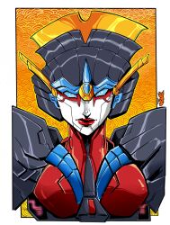 Rule 34 | 1girl, armor, blue eyes, breasts, highres, humanoid robot, inker-guy, medium breasts, red lips, robot, seigaiha, shoulder armor, solo, straight-on, the transformers (idw), transformers, upper body, windblade