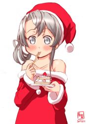 Rule 34 | 1girl, 3:, alternate costume, asymmetrical hair, bare shoulders, cake, commentary request, dated, dress, eating, flipped hair, food, grey eyes, hat, highres, kanon (kurogane knights), kantai collection, logo, long hair, nowaki (kancolle), red dress, revision, santa costume, santa hat, silver hair, simple background, solo, swept bangs, white background