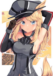 Rule 34 | 1girl, arm up, armpits, bismarck (kancolle), bismarck (kancolle) (cosplay), black gloves, blonde hair, blush, breasts, collarbone, commentary request, cosplay, dress, elbow gloves, gloves, gold city (umamusume), grey dress, grey eyes, grey hat, hand up, hat, highres, kantai collection, large breasts, long hair, looking at viewer, peaked cap, sleeveless, sleeveless dress, solo, tail, umamusume, upper body, yasume yukito
