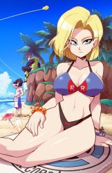 Rule 34 | 1girl, 2boys, android 16, android 17, android 18, artist name, bare shoulders, beach, bikini, black hair, blonde hair, blue male swimwear, blue sky, blue swim trunks, breasts, brother and sister, cleavage, cloud, cocktail umbrella, dragon ball, dragonball z, feet out of frame, grass, highres, large breasts, leaf, male swimwear, male swimwear writing, mike luckas, multicolored clothes, multicolored male swimwear, multicolored swim trunks, multicolored swimsuit, multiple boys, navel, short hair, siblings, sitting, sky, solo focus, standing, swim trunks, swim trunks writing, swimsuit, swimsuit writing, tree, watermark, web address, white male swimwear, white swim trunks