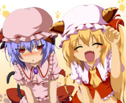Rule 34 | 2girls, :&lt;, ^ ^, animal ears, ascot, bat wings, blonde hair, blue hair, blush, cat ears, cat girl, cat tail, closed eyes, dr. cryptoso, closed eyes, fang, female focus, flandre scarlet, hat, highres, kemonomimi mode, midriff, multiple girls, open mouth, paw pose, remilia scarlet, shirt, short hair, siblings, side ponytail, sisters, skirt, skirt set, slit pupils, smile, tail, tears, touhou, wings