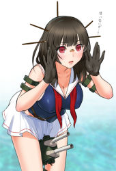 Rule 34 | 10s, 1girl, adjusting eyewear, bad id, bad pixiv id, black hair, breasts, choukai (kancolle), cleavage, covered erect nipples, food, glasses, gloves, kantai collection, large breasts, leaning forward, long hair, pocky, red eyes, sano toshihide, solo, takao (kancolle), thighs, translation request