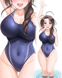 Rule 34 | 1girl, absurdres, antenna hair, blue one-piece swimsuit, blush, breasts, brown eyes, brown hair, cameltoe, cleavage, commentary request, commission, competition swimsuit, covered navel, female focus, head out of frame, highleg, highleg swimsuit, highres, kibihimi, large breasts, long hair, love hina, matching hair/eyes, multiple views, one-piece swimsuit, open mouth, otohime mutsumi, pixiv commission, simple background, smile, soaking feet, solo, standing, swimsuit, thigh gap, wading, water, waving, white background, zoom layer