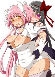 Rule 34 | 10s, 2girls, akemi homura, akuma homura, bare shoulders, belly grab, black dress, black gloves, black hair, blush, bow, grabbing another&#039;s breast, breasts, choker, cleavage, curvy, dress, elbow gloves, fat, gloves, grabbing, groping, hair bow, kaname madoka, large breasts, long hair, mahou shoujo madoka magica, mahou shoujo madoka magica: hangyaku no monogatari, multiple girls, oman (evld), open mouth, pink hair, plump, purple eyes, short twintails, spoilers, tearing up, twintails, two side up, ultimate madoka, weight conscious, white dress, white gloves, yellow eyes, yuri