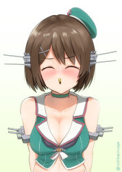 Rule 34 | ^ ^, artist request, bare shoulders, beret, blush, breasts, brown hair, choker, cleavage, closed eyes, commentary request, embarrassed, eyebrows, food, hair ornament, hairclip, hat, highres, impossible clothes, kantai collection, maya (kancolle), maya kai ni (kancolle), midriff, navel, pocky, pocky kiss, portrait, pursed lips, rigging, school uniform, serafuku, shared food, short hair, solo