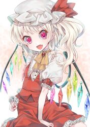 Rule 34 | 1girl, blonde hair, fang, flandre scarlet, frills, hat, hat ribbon, highres, looking at viewer, medium hair, one side up, open mouth, pointy ears, red eyes, red skirt, ribbon, skin fang, skirt, smile, solo, takahashi kouta, touhou, white hat, wings, wrist cuffs