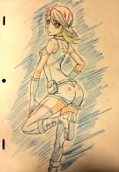 Rule 34 | :p, ass, bare shoulders, blue girl, boots, facial tattoo, fingerless gloves, gloves, hand on own thigh, looking at viewer, sketch, sleeveless, solo, tattoo, tongue, tongue out, traditional media, yu-gi-oh!, yu-gi-oh! duel monsters, yu-gi-oh! vrains, zaizen aoi