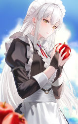 Rule 34 | 1girl, apple, apron, blue sky, blurry, blurry foreground, bridal gauntlets, food, frills, fruit, highres, kfr, long hair, long sleeves, maid, maid headdress, original, puffy long sleeves, puffy sleeves, silver hair, sky, solo, yellow eyes