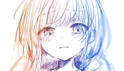 Rule 34 | 1girl, blurry, blush, crying, crying with eyes open, looking at viewer, parted lips, portrait, simple background, sketch, solo, tears, white background