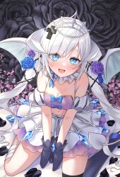 Rule 34 | 1girl, :d, bare shoulders, bettle (b s a n), black gloves, black thighhighs, blue bow, blue eyes, blue footwear, blush, bow, breasts, cleavage, cross hair ornament, crystal, demon tail, detached sleeves, flower, from above, gloves, hair ornament, heart, high heels, highres, looking at viewer, medium breasts, navel, open mouth, re:act, shirane yuki, single thighhigh, sitting, skirt, smile, solo, tail, thighhighs, tiara, virtual youtuber, wariza, white hair, white skirt, white wings, wings