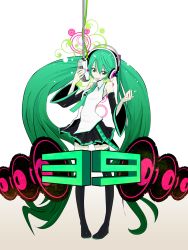 Rule 34 | bad id, bad pixiv id, detached sleeves, gassun, green eyes, green hair, hatsune miku, headphones, highres, long hair, microphone, solo, studio microphone, thighhighs, twintails, very long hair, vintage microphone, vocaloid