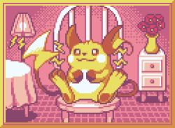Rule 34 | :3, border, chair, closed mouth, commentary, creatures (company), english commentary, flower, full body, game freak, gen 1 pokemon, indoors, lamp, lightning bolt symbol, looking at viewer, nintendo, no humans, pixel art, plant, pokemon, pokemon (creature), potted plant, raichu, sitting, smile, solo, table, tail, the fry bat, yellow border