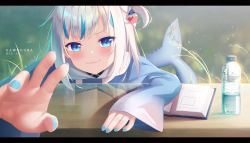 Rule 34 | 1girl, absurdres, bloom, blue eyes, blue hoodie, blue nails, blunt bangs, blurry, blurry background, blush, bottle, character name, closed mouth, day, fins, fish tail, foreshortening, gawr gura, gawr gura (1st costume), gradient clothes, hair ornament, highres, hololive, hololive english, hood, hoodie, letterboxed, light particles, lips, looking at viewer, medium hair, milk box (leoleo963852741), multicolored hair, nail polish, outdoors, reaching, reaching towards viewer, reflection, shark hair ornament, shark tail, silver hair, sleeves past wrists, smile, solo, stitches, streaked hair, table, tail, two side up, upper body, v-shaped eyebrows, virtual youtuber, water bottle, wheat