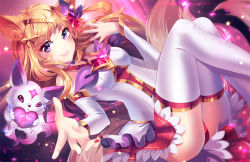 Rule 34 | 1girl, ahri (league of legends), alternate costume, alternate hair color, animal ears, bare shoulders, boots, breasts, fox ears, fox tail, large breasts, league of legends, long hair, magical girl, purple eyes, skirt, smile, solo, star guardian (league of legends), star guardian ahri, tail, thigh boots, thighhighs, tiara