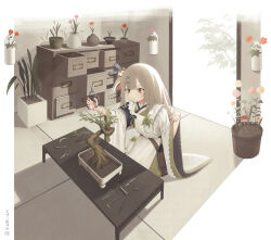 Rule 34 | 1girl, apron, bandaid, bandaid on hand, blunt bangs, bonsai, cabinet, commentary, drawer, english commentary, flower, girls&#039; frontline, girls&#039; frontline neural cloud, green eyes, hair ornament, highres, indoors, japanese clothes, kimono, light brown hair, long hair, plant, potted plant, pruning shears, sakuya (neural cloud), shears, solo, table, tatami, vialle, wide sleeves