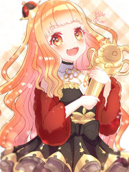 Rule 34 | 1girl, :d, bare shoulders, blonde hair, blush, crown, dress, highres, holding, long hair, long sleeves, looking at viewer, open mouth, red riding hood (sinoalice), shikinexion, sinoalice, smile, solo, trophy, wavy hair, yellow eyes